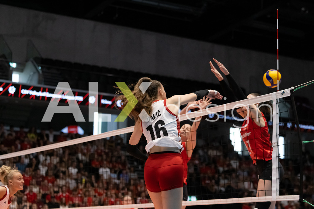 Austria v Switzerland - CEV European League Women | KRIENS, SWITZERLAND - JUNE 14: ANAMARIJA GALIC of Austria attack / spike against JULIE LENGWEILER of Switzerland during the CEV European League match between Austria and Switzerland at Pilatus Arena on June 14, 2026 in Kriens, Switzerland. - Realisiert mit Pictrs.com