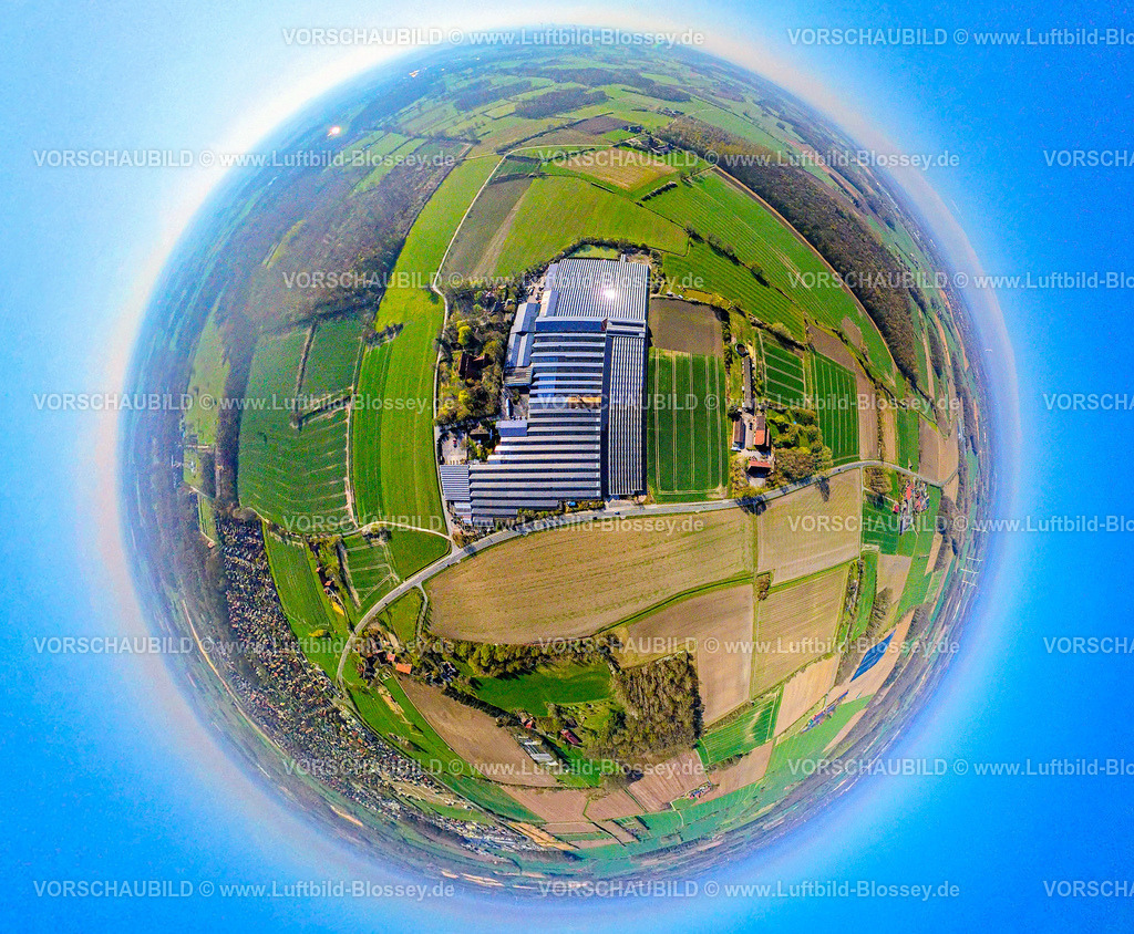 Nordkirchen250490021Gewaechshaus | Luftbild, Palmenheld und Gärtner Gregg Gartencenter Gewächshaus, umgeben von Wiesen und Feldern, Erdkugel, Fisheye Aufnahme, Fischaugen Aufnahme, 360 Grad Aufnahme, tiny world, little planet, fisheye Bild, , Nordkirchen, Ruhrgebiet, Nordrhein-Westfalen, Deutschland