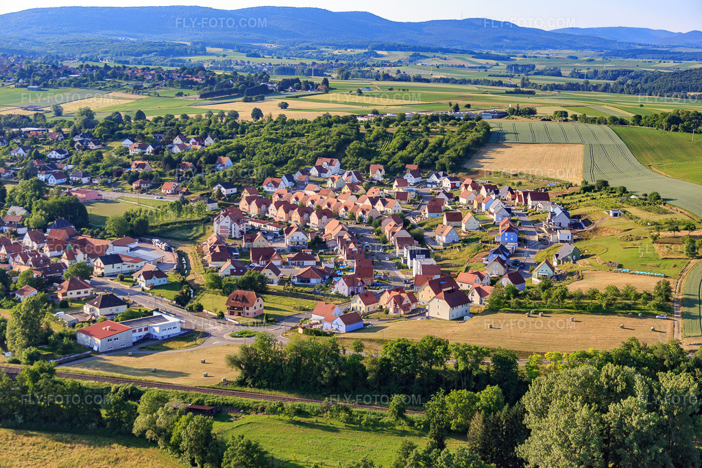 Aerial view: Rue du Maire Frédéric Laeuffer in Soultz-sous-Forêts in the state Bas-Rhin, France.Photo: IMG_080215.jpg taken on 06/05/2015 by Werner Riehm/FLY-FOTO.comResolution of the original: 5472 x 3648 px