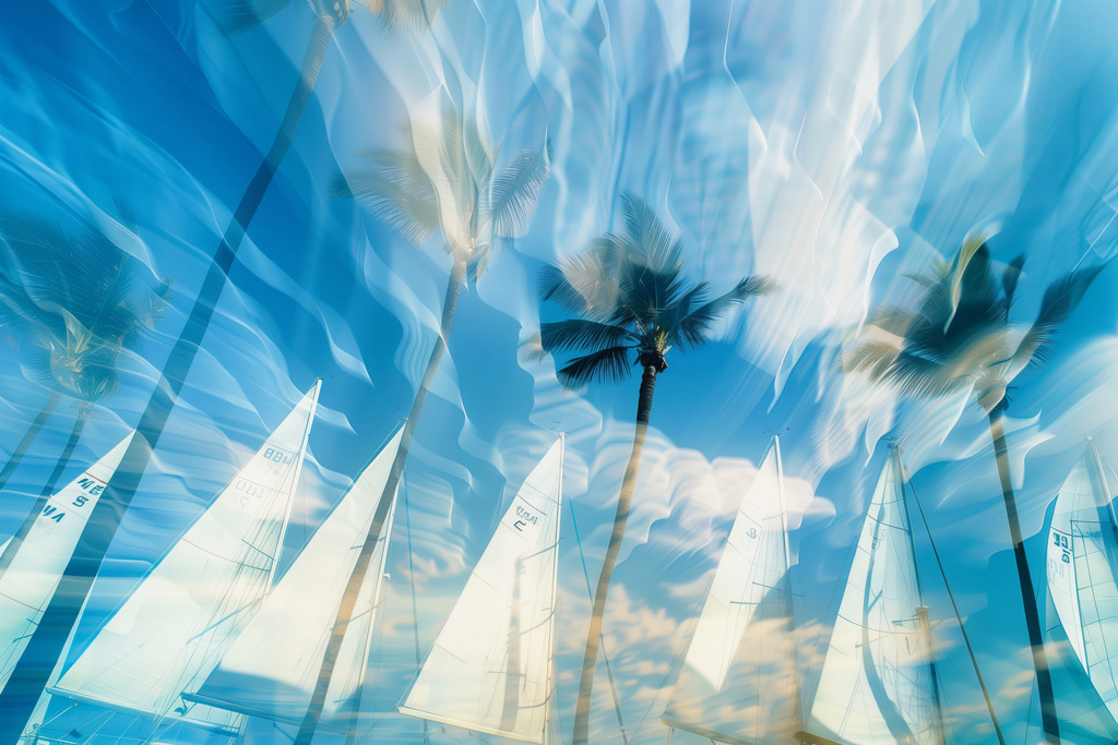 2508001 - Weisse Segel unter Palmen | Maritimes Motiv im Stil einer kreativen Fotocollage.