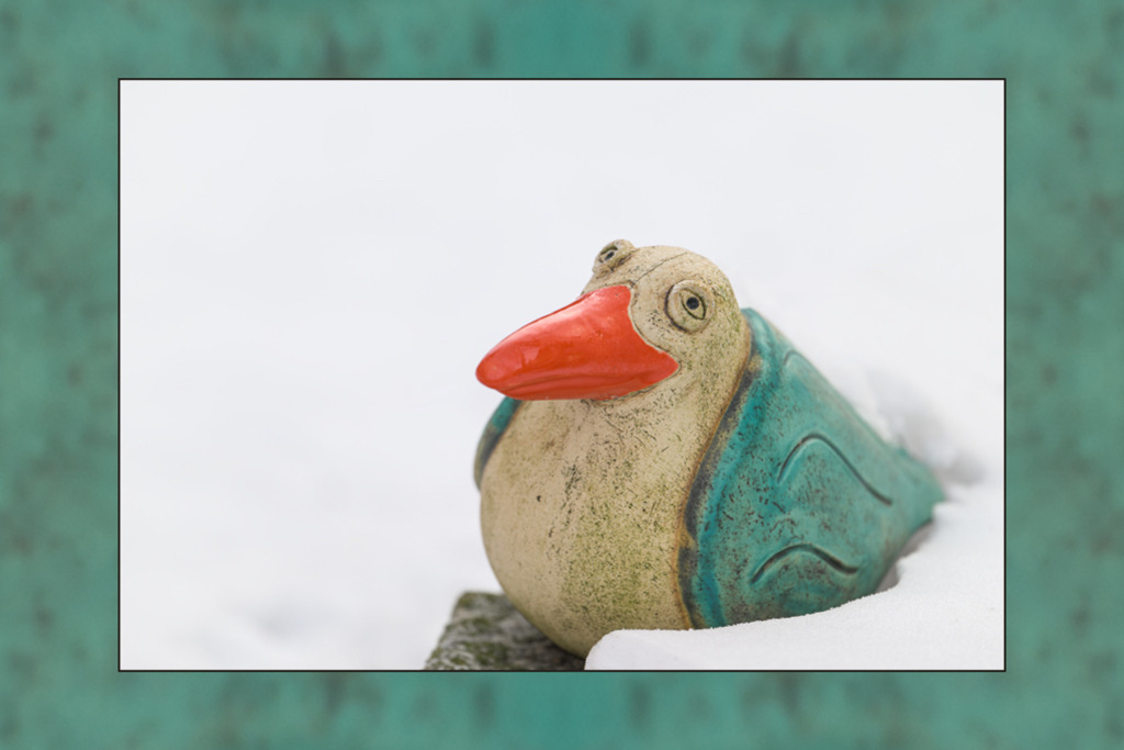 Eisvogel im Schnee | Die Museumswerkstätten in Meldorf fertigen sehr schöne Keramik-Figuren, zu denen dieser Eisvogel gehört. Von Schnee umgeben, wirkt der Blick des Eisvogels geradezu anrührend. — Auflösung des Originals: 10500 x 7000 px. - Realisiert mit Pictrs.com
