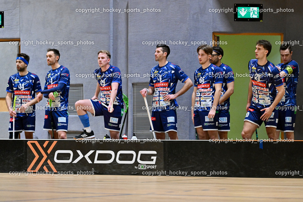 KAC Floorball vs. VSV Unihockey | Spielerbank VSV Unihockey, #14 Michael Klemm VSV Unihockey, #5 Michael Kanduth VSV Unihockey, #29 Anze Brajic VSV Unihockey, #6 Timo Schmid VSV Unihockey, #66 Jakob Rainer VSV Unihockey, #20 David Gredler VSV Unihockey, #19 Philipp Seiser VSV Unihockey, KAC Floorball vs. VSV Unihockey, KAC Floorball vs. VSV Unihockey am 21.03.2026 in Klagenfurt (Ballspielhalle Waidmannsdorf), Austria, (Photo by Bernd Stefan)