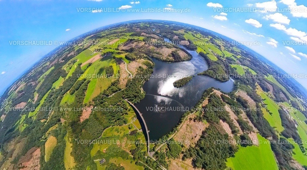 Ennepetal230890040 Ennepetalsperre | Luftbild, Ennepetalsperre mit Staumauer, Wiesen und Felder, Erdkugel, Fisheye Aufnahme, Fischaugen Aufnahme, 360 Grad Aufnahme, Boßel, Breckerfeld, Ruhrgebiet, Nordrhein-Westfalen, Deutschland