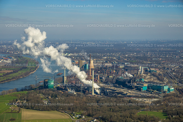 Duisburg240303192 | Luftbild, HKM Hüttenwerke Krupp Mannesmann mit Rauchsäule, am Fluss Rhein, 
Hüttenheim, Duisburg, Ruhrgebiet, Nordrhein-Westfalen, Deutschland, Duisburg-S