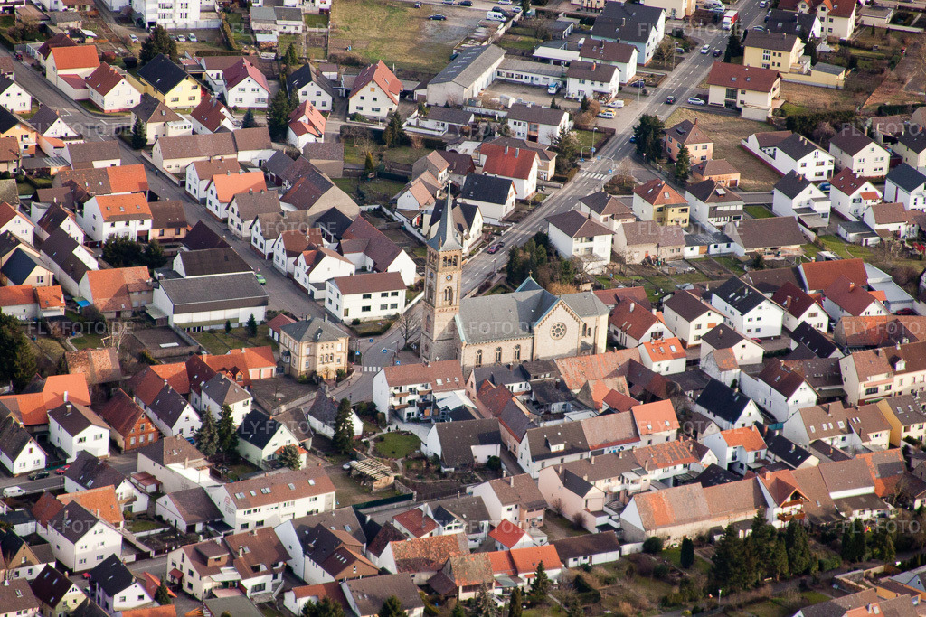 Luftbild: St. Sebastian im Ortsteil Neuthard in Karlsdorf-Neuthard im Bundesland Baden-Württemberg in Deutschland. Foto: IMG_24613.jpg vom 27.02.2010 durch Werner Riehm/FLY-FOTO.de