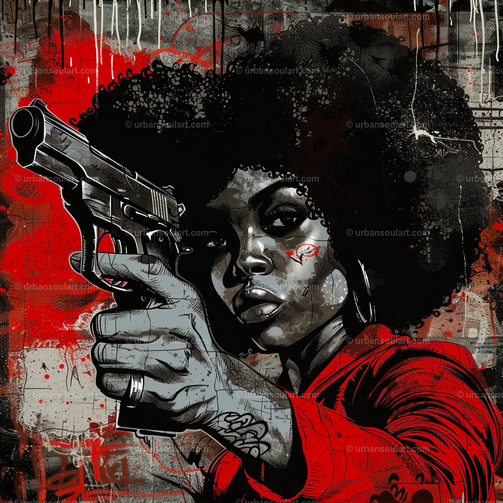 Black Gangster Woman With A Weapon | Featuring a powerful depiction of a woman with an afro holding a weapon, this artwork exudes strength and rebellion. Perfect for those who appreciate bold, street-inspired art with an edge. - Realisiert mit Pictrs.com