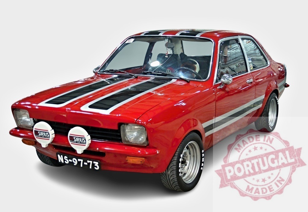 Red Opel Kadett C Coupe sporting racing stripes and auxiliary lights | Classic Opel Kadett C Coupe customized for racing with Sirius auxiliary lights and black and white stripes on red paint - Realized with Pictrs.com