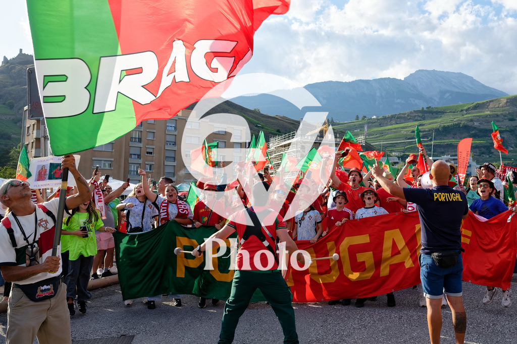 Portugal v Belgium: UEFA Women's EURO 2025 Group B | SION, SWITZERLAND - JULY 11: Fans of Portugal with flags and banner during the UEFA Women's EURO 2025 Group B match between Portugal and Belgium at Stade de Tourbillon on July 11, 2025 in Sion, Switzerland. (Photo by Giuseppe Velletri/Sports Press Photo/Getty Images)