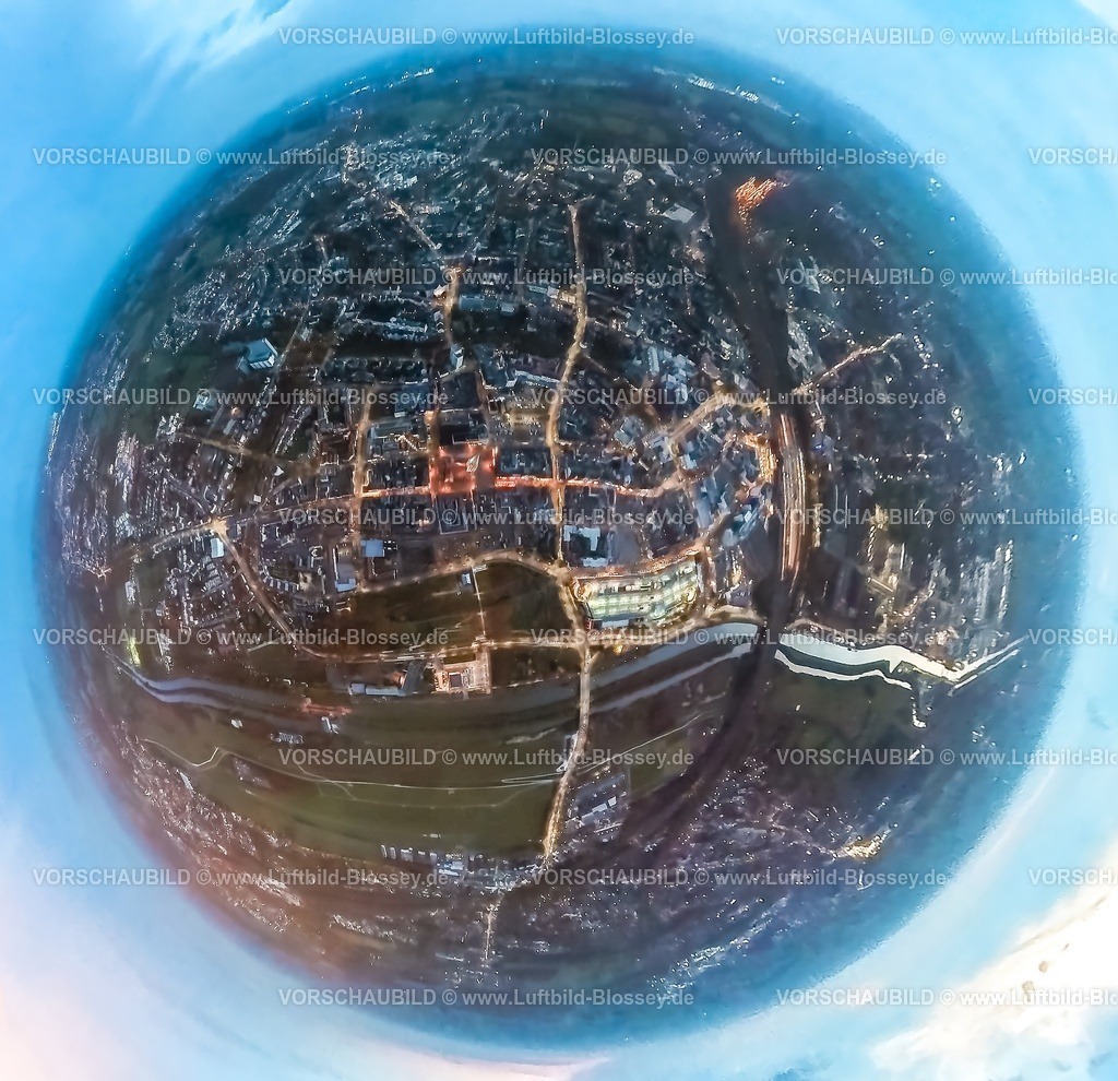 Hamm231190007MitteNacht-topaz | Luftbild, Nachtaufnahme Innenstadt City-Ansicht mit dem beleuchteten Hauptbahnhof Hbf und Allee-Center am Fluss Lippe und Datteln-Hamm-Kanal, Erdkugel, Fisheye Aufnahme, Fischaugen Aufnahme, 360 Grad Aufnahme, tiny world, little planet, fisheye Bild, Mitte, Hamm, Ruhrgebiet, Nordrhein-Westfalen, Deutschland