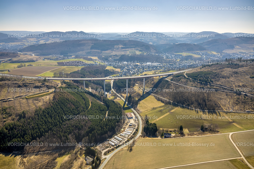HB-Bestwig220303003 | Luftbild, Talbrücke Nuttlar der Autobahn A46 mit Blick auf Nuttlar, Nuttlar, Bestwig, Sauerland, Nordrhein-Westfalen, Deutschland