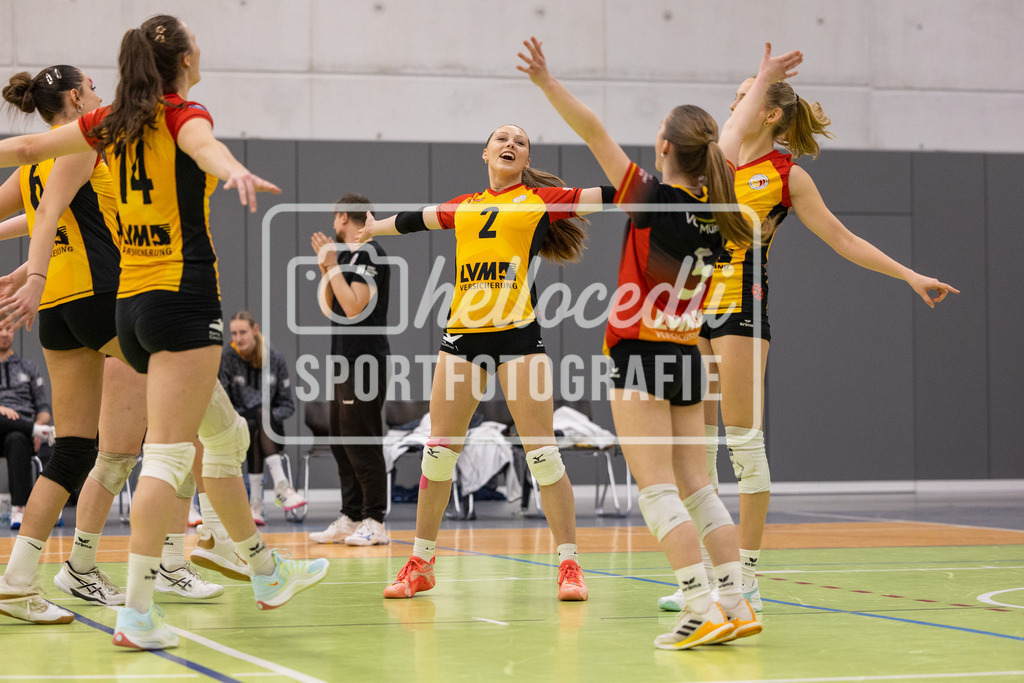 Volleyball I Frauen I Saison 2025-2026 I 2. Bundesliga Nord I 15. Spieltag I VCO Münster - VC Osnabrück I 25.01.2026-100 | Lena Schultze (14, VCO Münster) Phine Günther (6, VCO Münster) Lisa Günther (2, VCO Münster) Nele Drohsin (5, VCO Münster) - Realisiert mit Pictrs.com