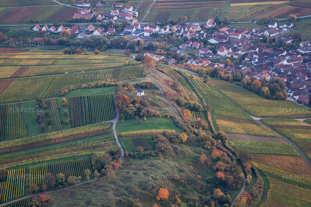 Luftbild: Weinbergs- Landschaft der Winzer- Gebiete im Ortsteil Ilbesheim mit der katholischen Kapelle 