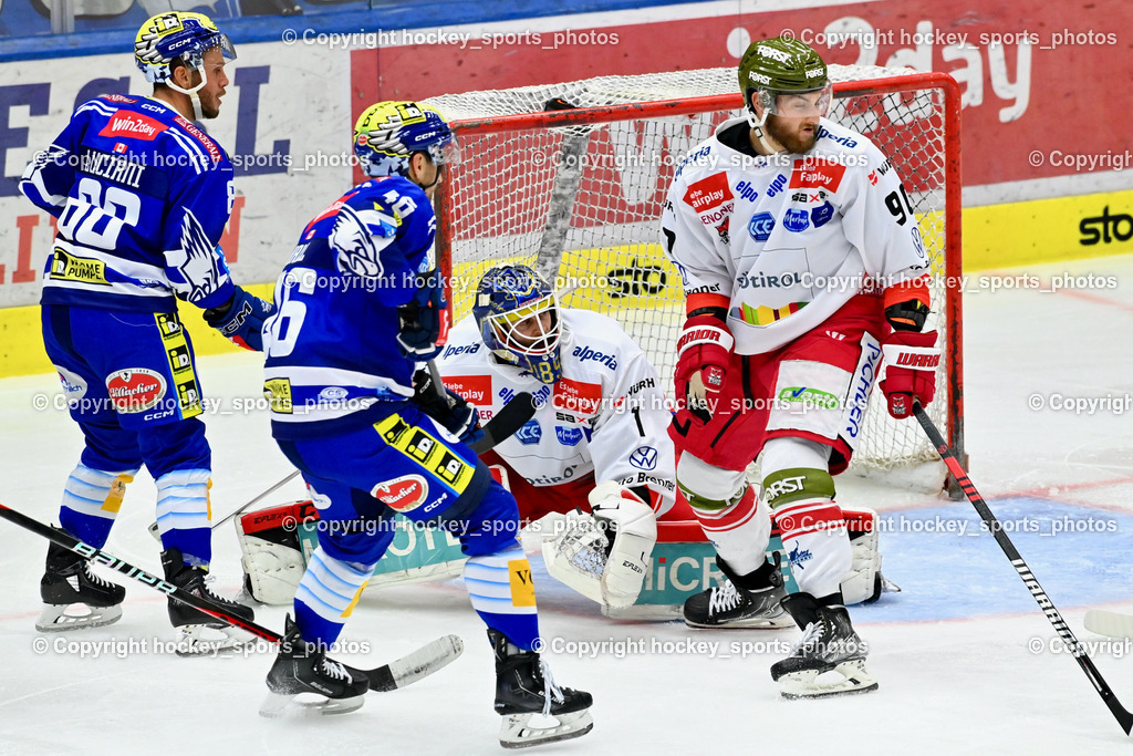 EC IDM Wärmepumpen VSV vs. HC Bozen 19.9.2023 | #88 Anthony Luciani, #46 WALL Alex,   #1 Svedberg Niklas, #90 Di Perna Dylan, win2day icehockeyleague, EC IDM Wärmepumpen - HC Bozen  am 19.09.2023 in Villach (Stadhalle Villach), Austria, (Photo by Bernd Stefan)