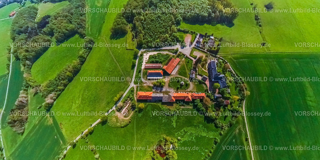 Arnsberg230520015KlosterOelinghausen | Luftbild, Kloster Oelinghausen, Erdkugel, Fisheye Aufnahme, Fischaugen Aufnahme, 360 Grad Aufnahme, Holzen, Arnsberg, Sauerland, Nordrhein-Westfalen, Deutschland