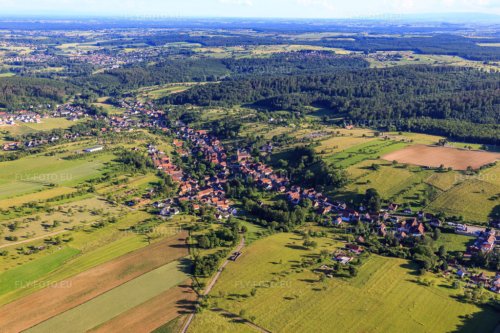 Vue aérienne: Vue de la ville depuis le nord à Langensoultzbach dans le département Bas Rhin, France – .Photo: IMG_115391.jpg prise le 16/06/2019 par Werner Riehm/FLY-FOTO.eu – Résolution de l'original: 5472 x 3648 px