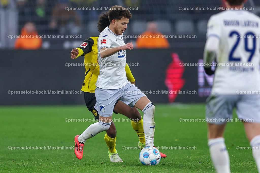 BVB15122402265 | 15.12.2024, Fußball, Borussia Dortmund - TSG 1899 Hoffenheim, 1. Fußball Bundesliga, 14. Spieltag, Signal Iduna Park, Saison 2024 2025: Dennis Geiger (Hoffenheim #8)DFB regulations prohibit any use of photographs as image sequences and or quasi-video.