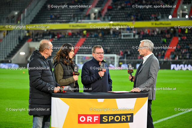 AUT, Uefa Nations League 2024/25 Group B - Oesterreich vs Norway | 13.10.2024, Oberoesterreich Arena Linz, AUT, Uefa Nations League 2024/25 Group B - Oesterreich vs Norwegen, im Bild Herbert Prohaska, Viktoria Schnaderbeck of ORF, Head Coach Ralf Rangnick of Austria and Rainer Pariasek of ORF// UEFA Nations League 2024/25 Group B Match between Austria and Norway in Linz, Austria on 2024/10/13
