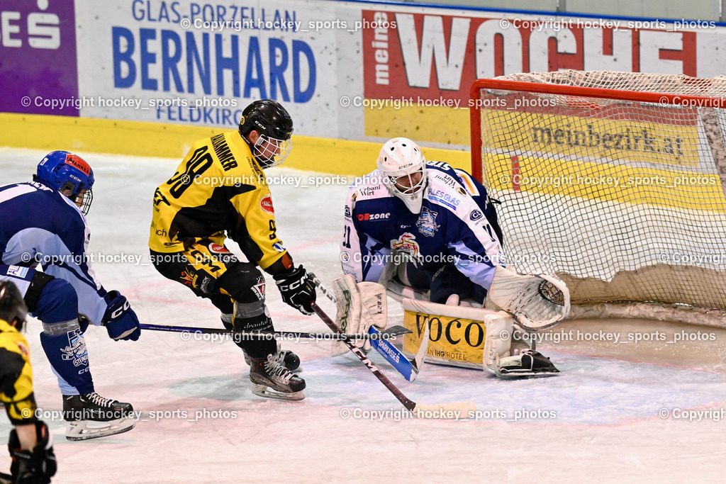 ESC Steindorf vs. EC Hornets Spittal 20.2.2024 | #2 Karitnig Gert EC Hornets Spittal, #98 Thalhammer Dominic EC Hornets Spittal, #31 Steiner Paul ESC Steindorf, ESC Steindorf vs. EC Hornets Spittal 20.2.2024, ESC Steindorf vs. EC Hornets Spittal 20.2.2024 am 20.02.2024 in Steindorf (Ossiachersee Halle), Austria, (Photo by Bernd Stefan)