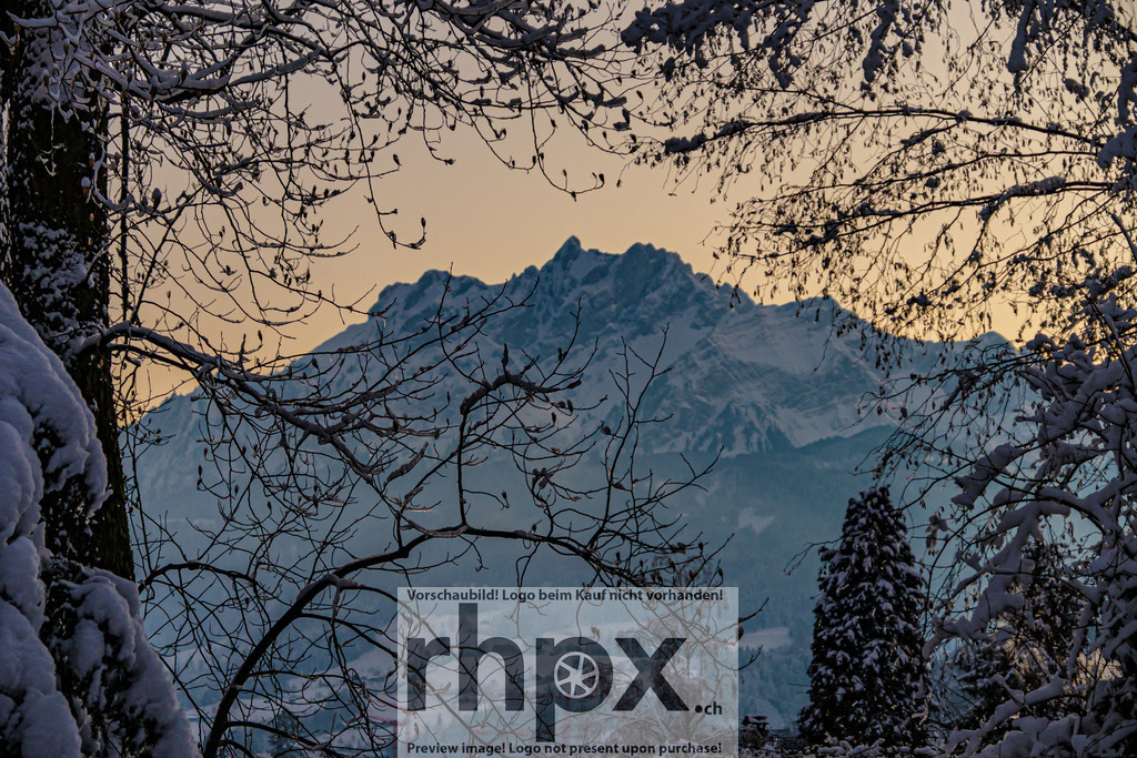 Pilatus im Winterrahmen | Schnee. Rahmen. Bergmagie. Verschneite Äste bilden ein natürliches Fenster zum thronenden Pilatus-Massiv. Das sanfte Licht am Horizont umschmeichelt die schroffen Felswände und erschafft einen harmonischen Kontrast zur kühlen, stillen Winterlandschaft im Vordergrund. Wähle unter "Produktauswahl" dein Wunschformat: Vom klassischen Wandbild über Puzzle &amp; Tassen bis zum digitalen Download (z.B. als Handy-Hintergrund). - Realisiert mit Pictrs.com