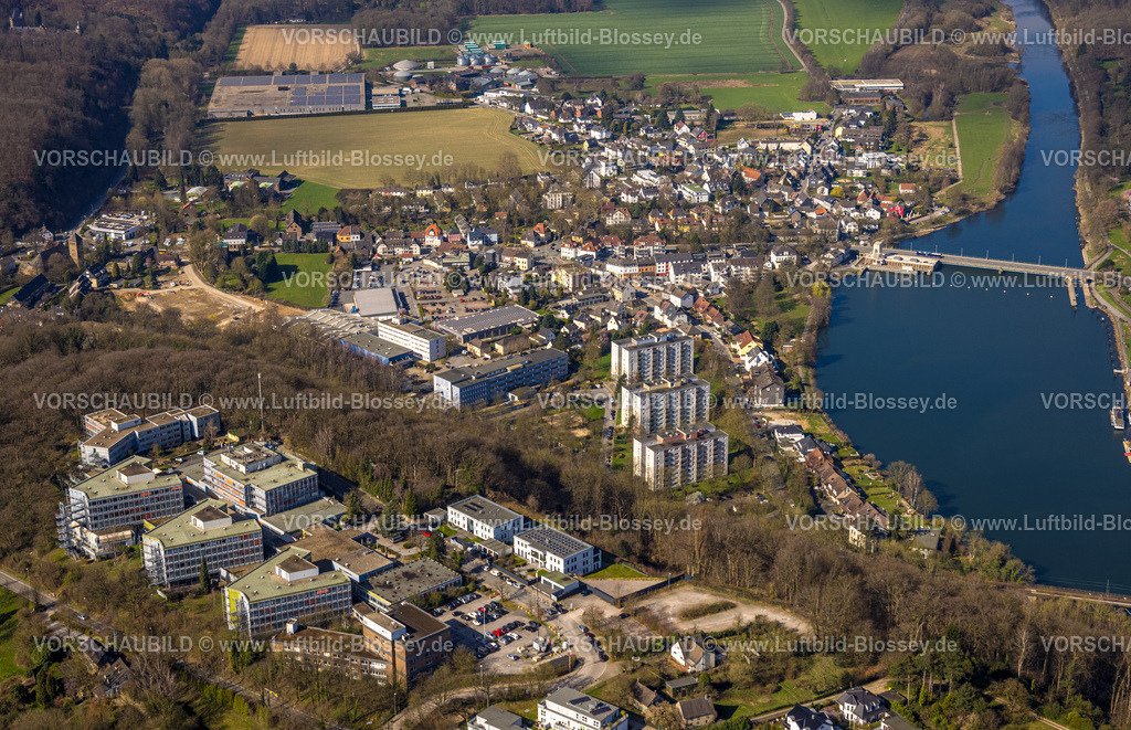 Essen240302272Kettwig | Luftbild, Wohngebiet und Fluss Ruhr, drei Hochhäuser, MEDICLIN Fachklinik Rhein/Ruhr und Kettwiger See, Ruhrbrücke Kettwig mit Schleuse, Kettwig, Essen, Ruhrgebiet, Nordrhein-Westfalen, Deutschland
