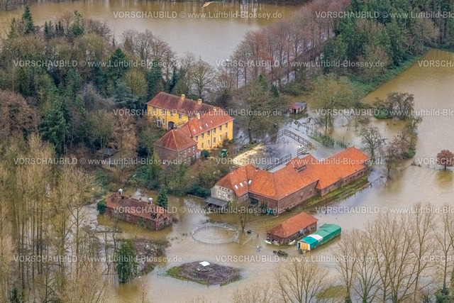 Dorsten231204176Lippe | Luftbild vom Hochwasser der Lippe, Weihnachtshochwasser 2023, Fluss Lippe tritt nach starken Regenfällen über die Ufer, Überschwemmungsgebiet am Gut Haus Hagenbeck, Wesel-Datteln-Kanal, Östrich, Dorsten, Ruhrgebiet, Nordrhein-Westfalen, Deutschland