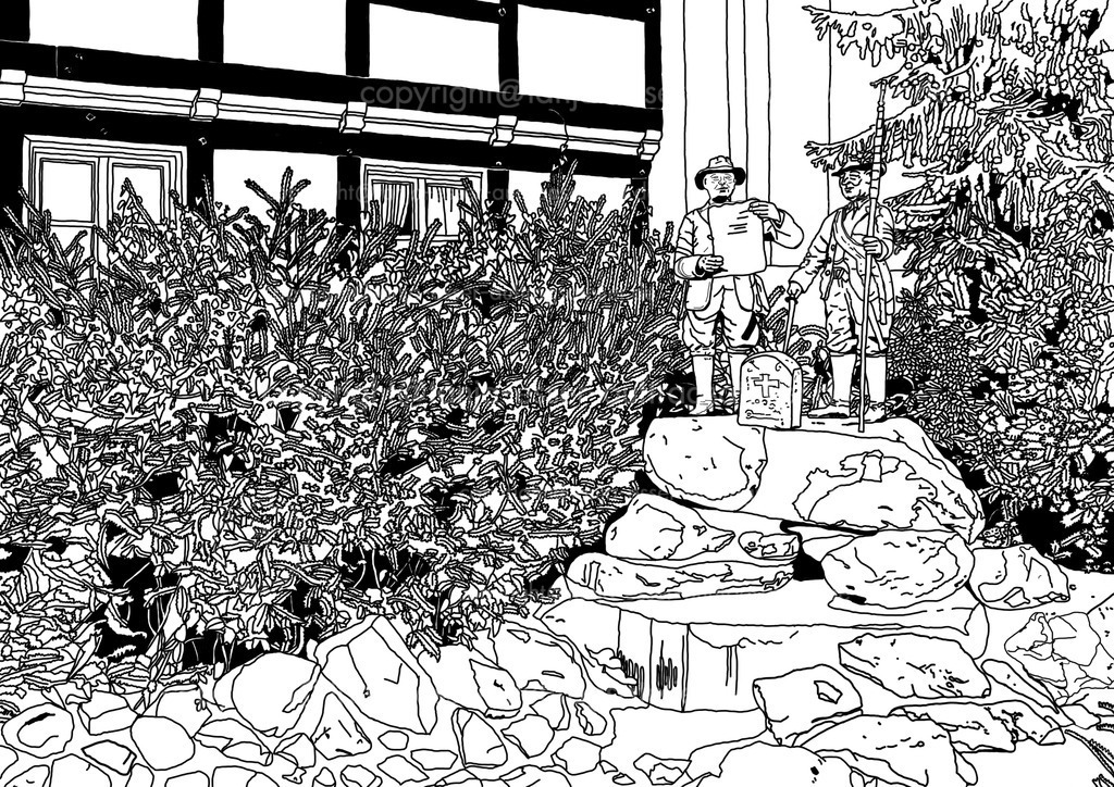 Schnadebrunnen | Illustration von einem Brunnen mit dem Motiv der Briloner Schnade. Der Brunnen steht hinter dem Schulten Haus. Er zeigt, wie ein Grenzstein geprüft, und eine Urkunde vorgelesen wird. Außenlinien zum Ausmalen und Colorieren.