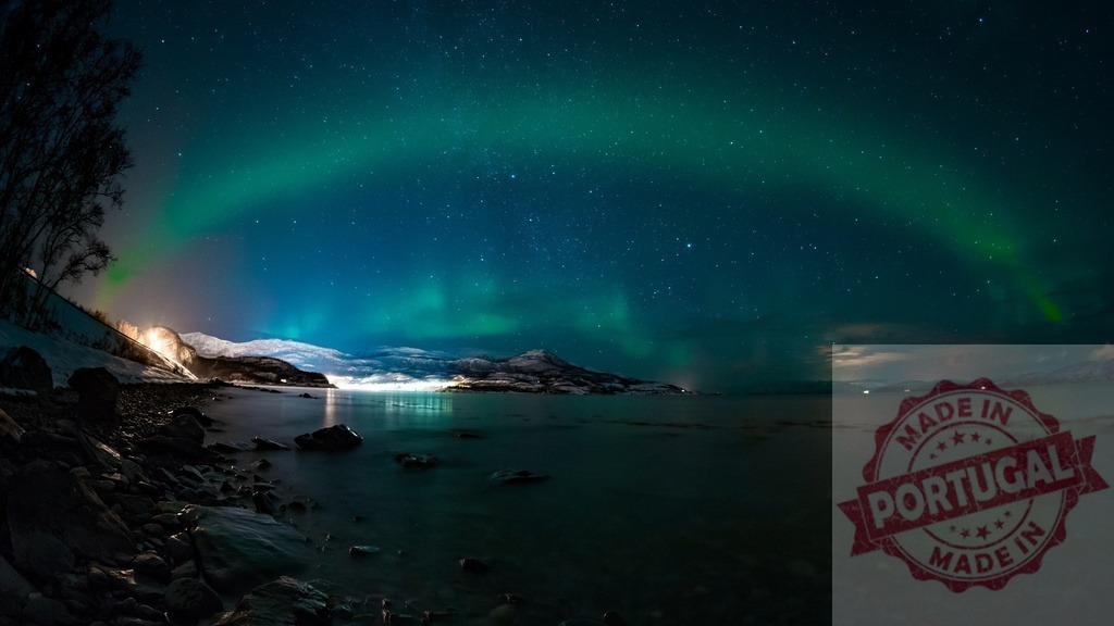 Aurora Borealis arching above Norwegian winter landscape | Green aurora borealis illuminating night sky with stars over snow-covered coast and water - Realisiert mit Pictrs.com