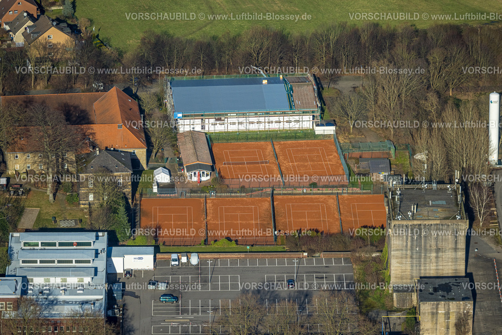 Witten240102721 | Luftbild, Tennisanlage Tennisplätze SUA Sport-Union Annen am Kälberweg, Judoka Judohalle Dachrenovierung, Rüdinghausen, Witten, Ruhrgebiet, Nordrhein-Westfalen, Deutschland