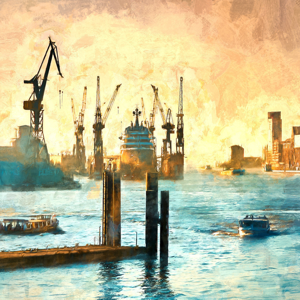10221208 - Hafengemälde | Impression aus dem Hamburger Hafen im Mixed Media Stil. Fotografie und digitale Nachbearbeitung im Gemälde-Look verschmelzen zu einer Einheit und erzeugen einen ganz besonders verträumten Bildeindruck.