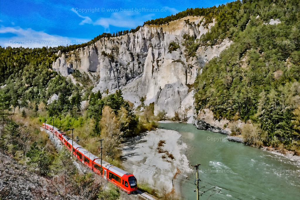 PAD2_RH_0N0A0509_Rheintal_RhB_180x120 | DIGITALKUNST. Rhätische Bahn in der Ruinaulta. __ Ein Zug der Schweizer Bahngesellschaft " RhB " am Ufer der Rheinschlucht. Ruinaulta ist der rätoromanische Name für diese Schlucht im Kanton Graubünden. __ Das Basisfoto für dieses malerisch verwandelte Werk hat der Schweizer Hobbyfotograf Rene Hinder gemacht und es Bernt Hoffmann für dessen Kunstpart zur Verfügung gestellt. __ Seitenverhältnis = 3 zu 2 - Realisiert mit Pictrs.com