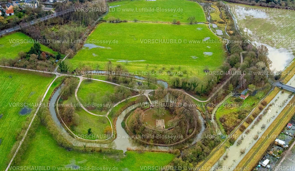 Hamm231201264 | Luftbild vom Hochwasser der Lippe, Weihnachtshochwasser 2023, Fluss Lippe tritt nach starken Regenfällen über die Ufer, Überschwemmungsgebiet Lippeaue Marker Burghügel, Mitte, Hamm, Ruhrgebiet, Nordrhein-Westfalen, Deutschland