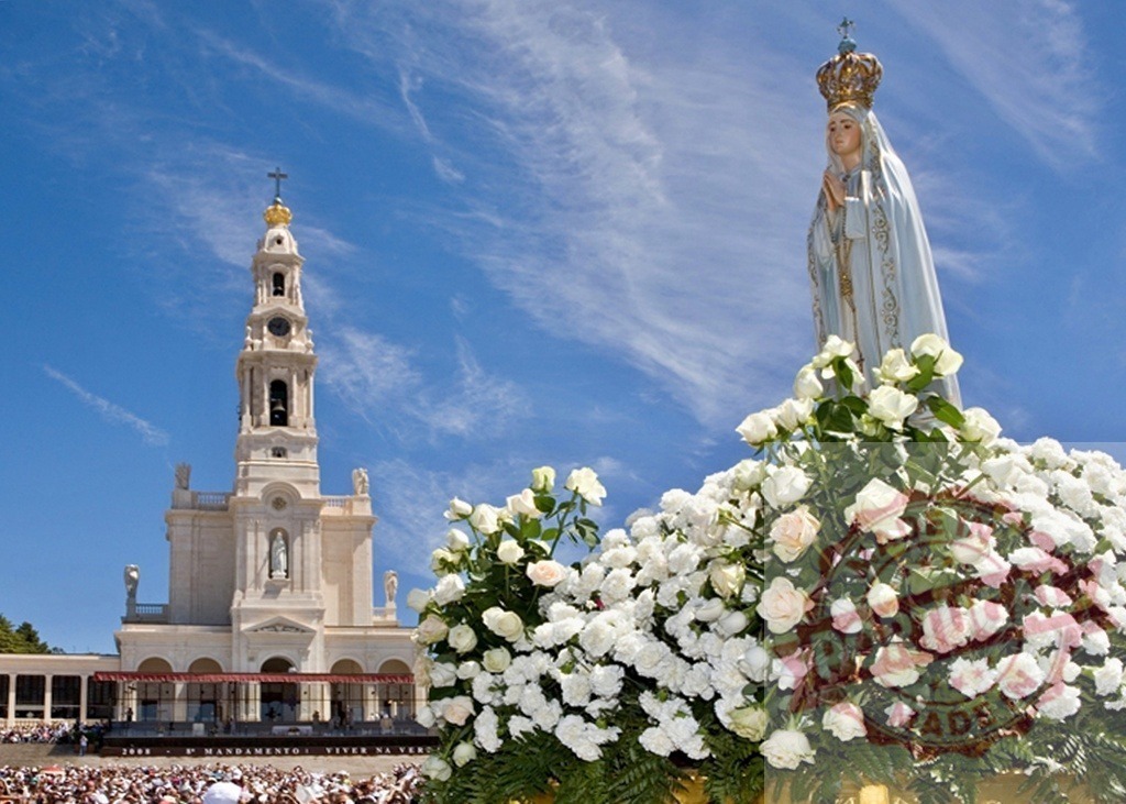 Statue of Our Lady of Fatima during an outdoor celebration with pilgrims in Fatima, Portugal | Statue of Our Lady of Fatima during an outdoor celebration in the Sanctuary of Fatima with the Basilica of Our Lady of the Rosary in the background - Realized with Pictrs.com