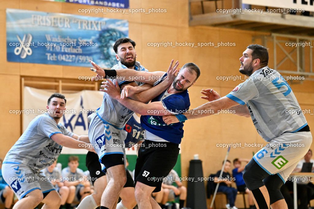 SC Ferlach vs. HSG Xentis Lipizzanerheimat | #4 Omeragic Adi HSG Xentis Lipizzanerheimat, #57 LEBAN Patrik SC Ferlach, #56 Beciri Kristian HSG Xentis Lipizzanerheimat,  SC Ferlach vs. HSG Xentis Lipizzanerheimat, SC Ferlach vs. HSG Xentis Lipizzanerheimat am 18.04.2026 in Ferlach (Ballspielhalle Ferlach), Austria, (Photo by Bernd Stefan)