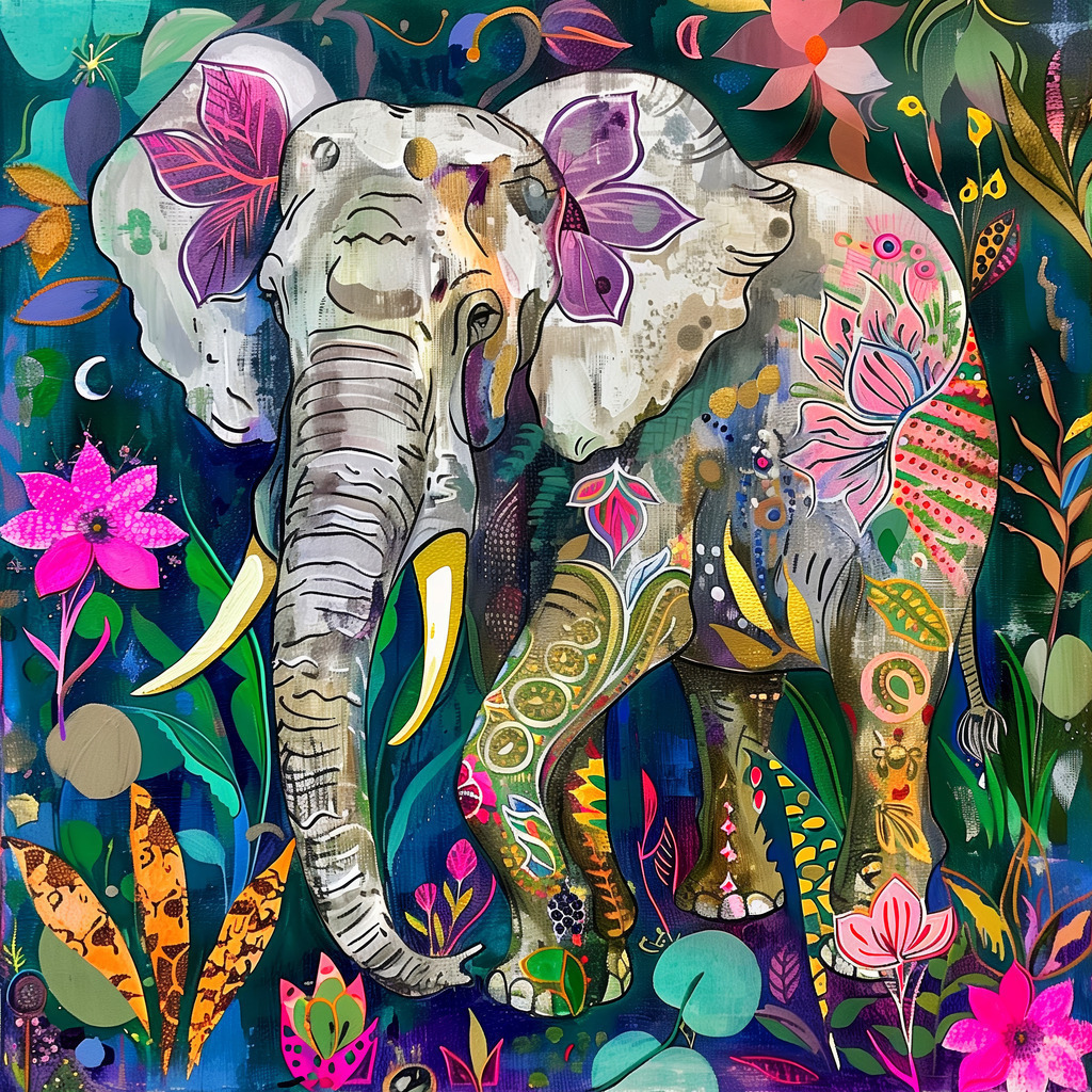 2402026 - Bunter floraler Elefant | Ein dekoratives illustratives Motiv eines Elefanten mit vielen bunten floralen Elementen.