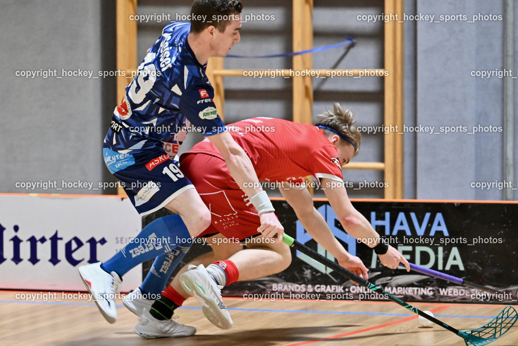 KAC Floorball vs. VSV Unihockey | #19 Philipp Seiser VSV Unihockey, #2 Mitja Beuthe KAC Floorball, KAC Floorball vs. VSV Unihockey, KAC Floorball vs. VSV Unihockey am 21.03.2026 in Klagenfurt (Ballspielhalle Waidmannsdorf), Austria, (Photo by Bernd Stefan)