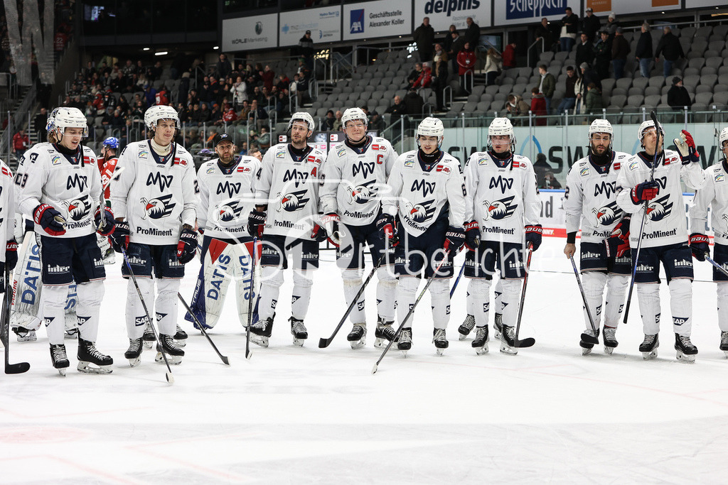 Augsburger Panther - Adler Mannheim | Die Mannschaft der Adler aus Mannheim feiern zusammen mit den mitgereisten Fans den Sieg in Augsburg