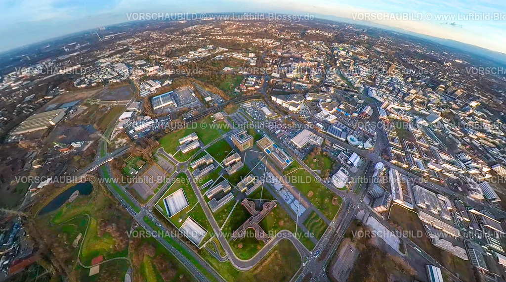Essen2301fish0008ThyssenKrupp | Luftbild, thyssenkrupp Quartier Konzernzentrale mit Krupp-Park, Fisheye Aufnahme, Fischaugen Aufnahme, 360 Grad Aufnahme, Westviertel, Essen, Ruhrgebiet, Nordrhein-Westfalen, Deutschland