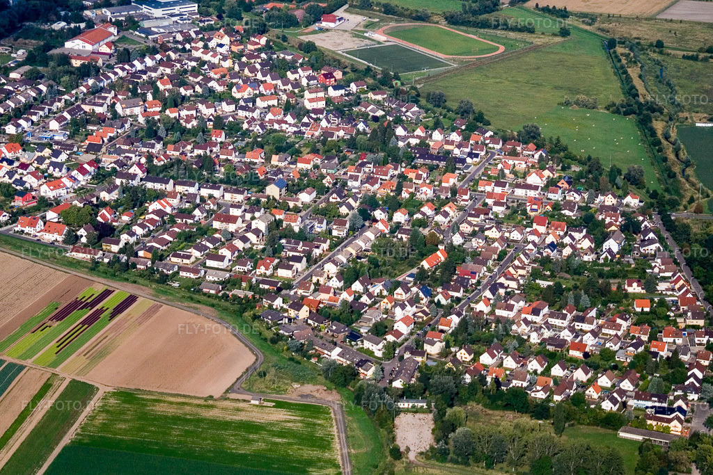 Luftbild: Ortsansicht der Straßen und Häuser der Wohngebiete in Lambsheim im Bundesland Rheinland-Pfalz in Deutschland. Foto: IMG_12687.jpg vom 17.08.2008 durch Werner Riehm/FLY-FOTO.de