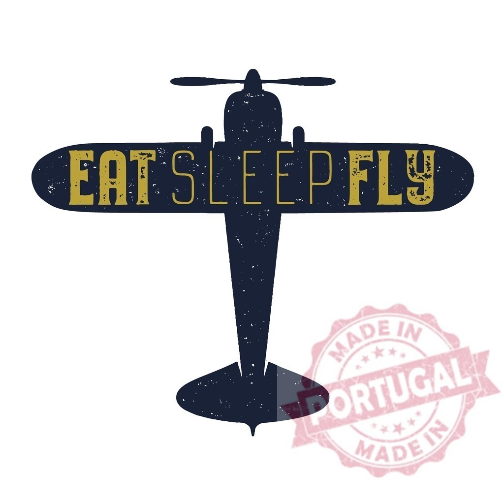 Dark blue propeller plane eat sleep fly text | Propeller plane silhouette with eat, sleep, fly typography, vintage aviation hobby concept - Realisiert mit Pictrs.com