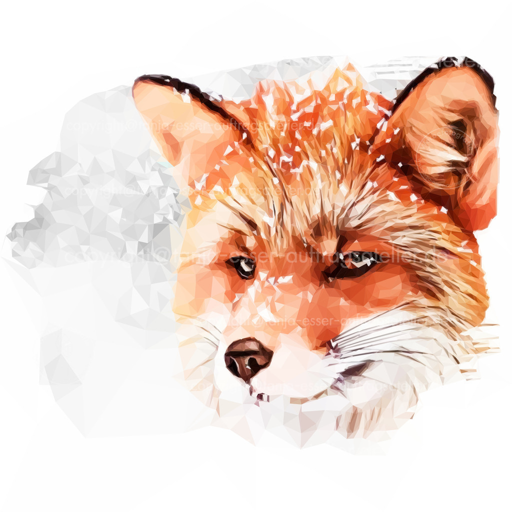 fuchs_schnee D | Fuchs Porträt Illustration. Das Tier schaut in die Ferne. Schneeflocken in seinem Fell. Illustration im Low Poly Stil.	