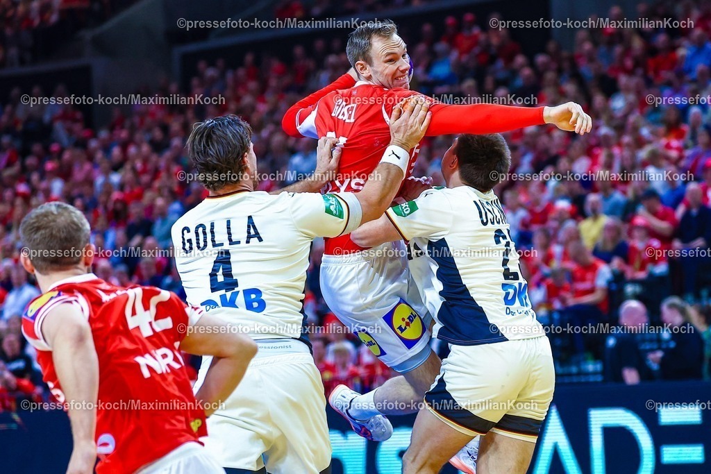xIAJx150520261020 | 15.05.2026, xIAJx, Handball, Länderspiel, Testspiel, Dänemark - Deutschland, Royal Arena Kopenhagen: L-R Johannes Golla (Deutschland #4) Mathias Gidsel (Dänemark #19) Renars Uscins (Deutschland #23)