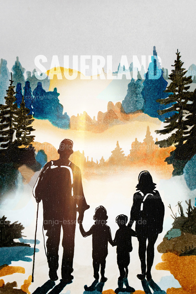 180 d Wandernde Familie im Frühnebel Rothaarsteig Schriftzug | Illustration mit Markerstiften zeigt wandernde Familie vor einem Ausblick auf waldige Landschaft. Text Sauerland bezeichnet eine Region in Deutschland.