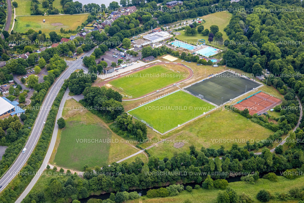 Haltern220604332 | Luftbild, Sportanlage Stausee-Kampfbahn und Freizeitbad Aquarell, Haltern-Stadt, Haltern am See, Ruhrgebiet, Nordrhein-Westfalen, Deutschland