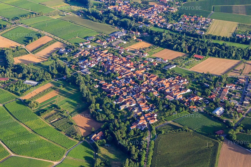 Luftbild: Ortsansicht von Nordwesten im Ortsteil Heuchelheim in Heuchelheim-Klingen im Bundesland Rheinland-Pfalz in Deutschland. Foto: IMG_51346.jpg vom 04.08.2012 durch Werner Riehm/FLY-FOTO.deAuflösung des Originals: 4752 x 3168 px