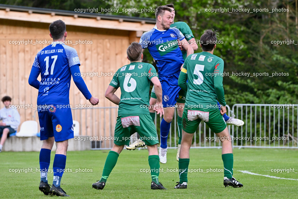 Dellach Gail vs. Rapid Lienz | #17 Anton Ereiz Dellach Gail, #6 Florian Unterweger Rapid Lienz, #5 Manuel Eder Rapid Lienz, #13 Gabriel Umfahrer Dellach Gail, Dellach Gail vs. Rapid Lienz, Dellach Gail vs. Rapid Lienz am 26.04.2024 in Dellach (Sportplatz Dellach Gail), Austria, (Photo by Bernd Stefan)