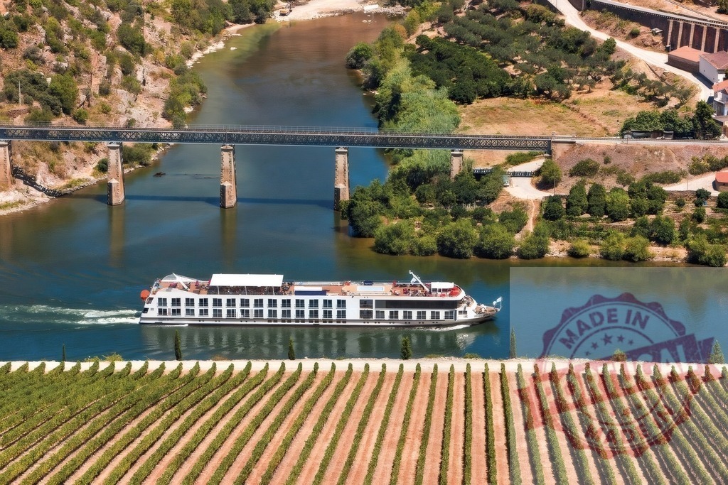 River cruise ship navigating Douro Valley, Portugal vineyard landscape | Cruise ship travelling along Douro River with vineyards and bridge under summer sky - Realisiert mit Pictrs.com