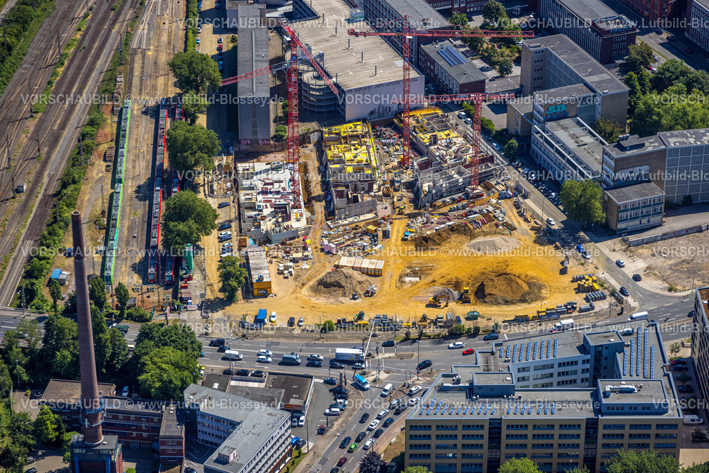 Essen230703011 | Luftbild, Baustelle neues Literatur Quartier für Büros und Wohnungen zwischen der Sachsenstraße und Bert-Brecht-Straße, Südviertel, Essen, Ruhrgebiet, Nordrhein-Westfalen, Deutschland