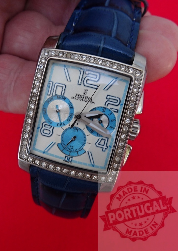 Festina multi-function square luxury watch with blue strap | Festina multi-function watch showing square dial with crystal bezel and blue leather strap - Realisiert mit Pictrs.com