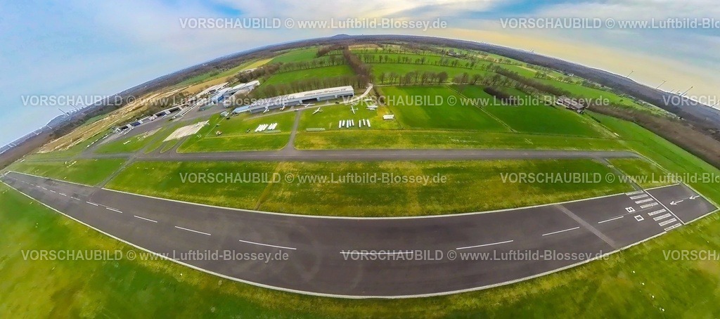 Bottrop230328_3FlugplatzSchwarze Heide | Luftbild, Flugplatz Schwarze Heide, Erdkugel, Fisheye Aufnahme, Fischaugen Aufnahme, 360 Grad Aufnahme, , Hünxe, Stadtgrenze Dinslaken, Bottrop-Kirchhellen, Ruhrgebiet, Nordrhein-Westfalen, Deutschland