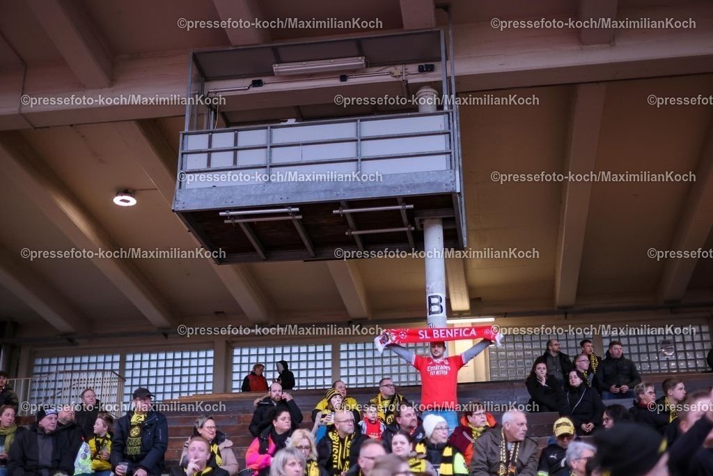 BVBL25032601035 | 25.03.2026, Fußball, Legendenspiel, Borussia Dortmund Legenden - Benfica Lissabon, Freundschaftsspiel, Stadion Rote Erde, Saison 2025 2026: Benfia Fans auf der Tribüne Zuschauer Besucher Atmosphäre  DFB regulations prohibit any use of photographs as image sequences and or quasi-video.